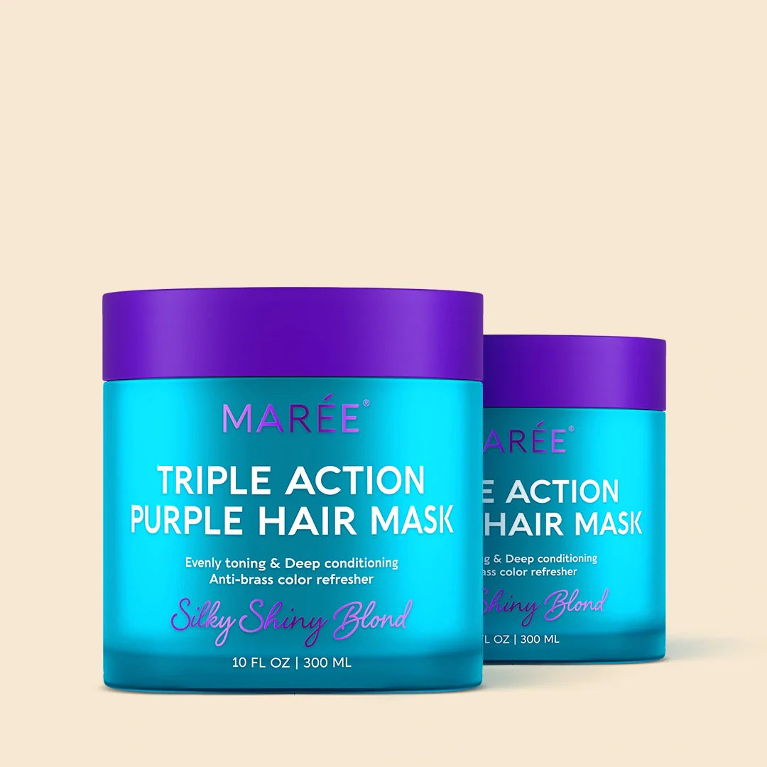 Maree purple hair mask for blonde hair, smooth and nourishing treatment in a vibrant purple container, designed to enhance blonde tones