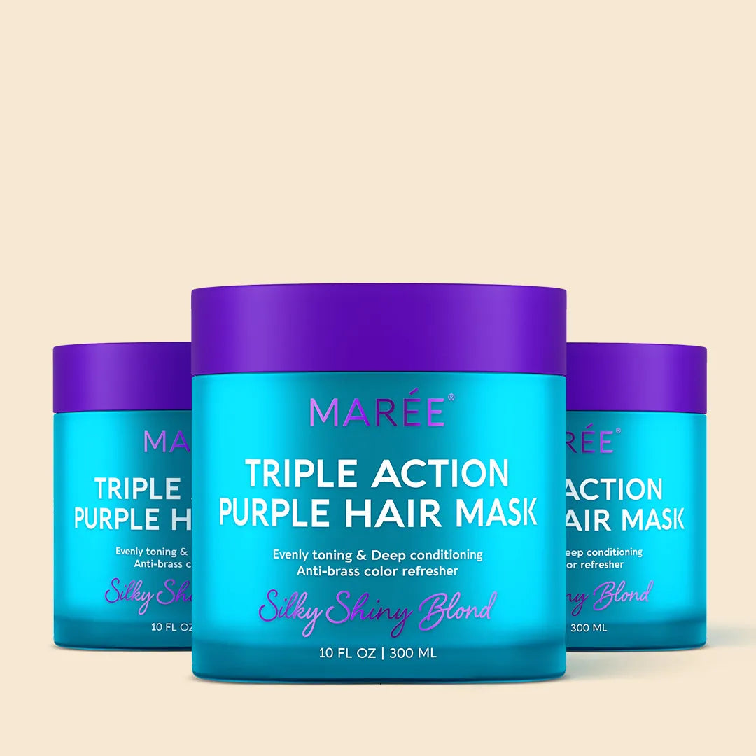 Purple Maree hair mask for blonde hair, featuring a creamy texture and purple packaging, designed to nourish and tone blonde locks.