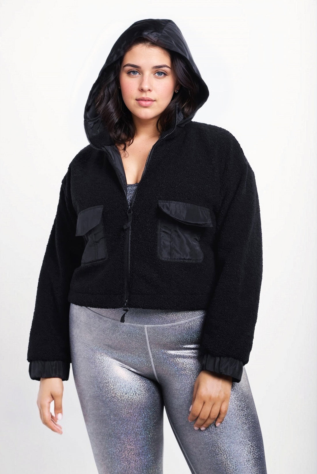 Fitkitty Culture Sherpa Dreams cropped hooded jacket, cozy fleece-lined hoodie with drawstrings and relaxed fit, in a stylish design.