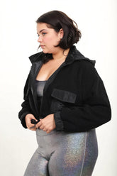 Fitkitty Culture Sherpa Dreams cropped hooded jacket, cozy fleece-lined athletic and yoga jacket for women, in a stylish cropped design.