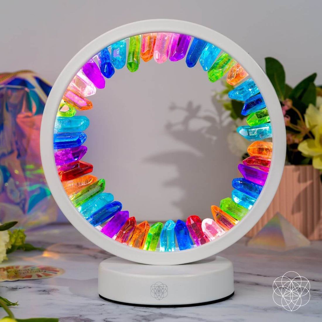 Rainbow After the Storm Clear Quartz Lamp of Hope night light by Conscious Items, featuring a rainbow and clear quartz for hope.