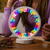 Rainbow After the Storm Clear Quartz Lamp of Hope night light by Conscious Items with a rainbow and clear quartz crystal design.