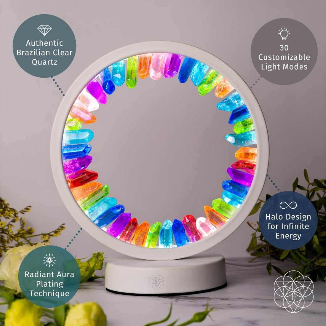 Rainbow After the Storm Clear Quartz Lamp of Hope night light by Conscious Items, featuring a vibrant rainbow design and clear quartz base.