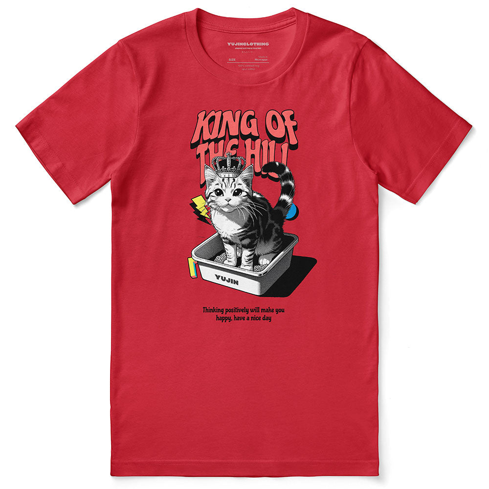 Yūjin Clothing King of the Hill cat T-Shirt featuring a graphic of a cat, casual fit, and soft cotton fabric.