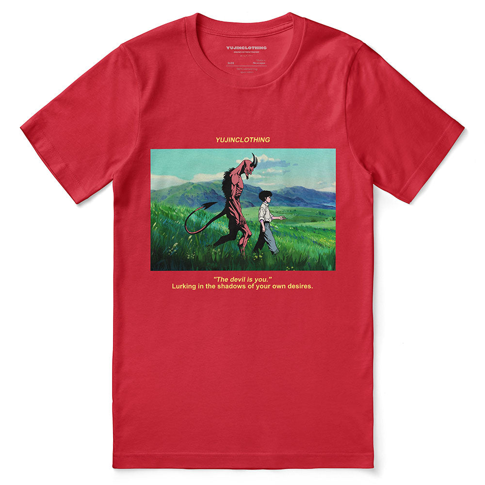Black Devil and Boy T-Shirt by Yūjin Clothing featuring a graphic print of a devil with a boy in a casual style.