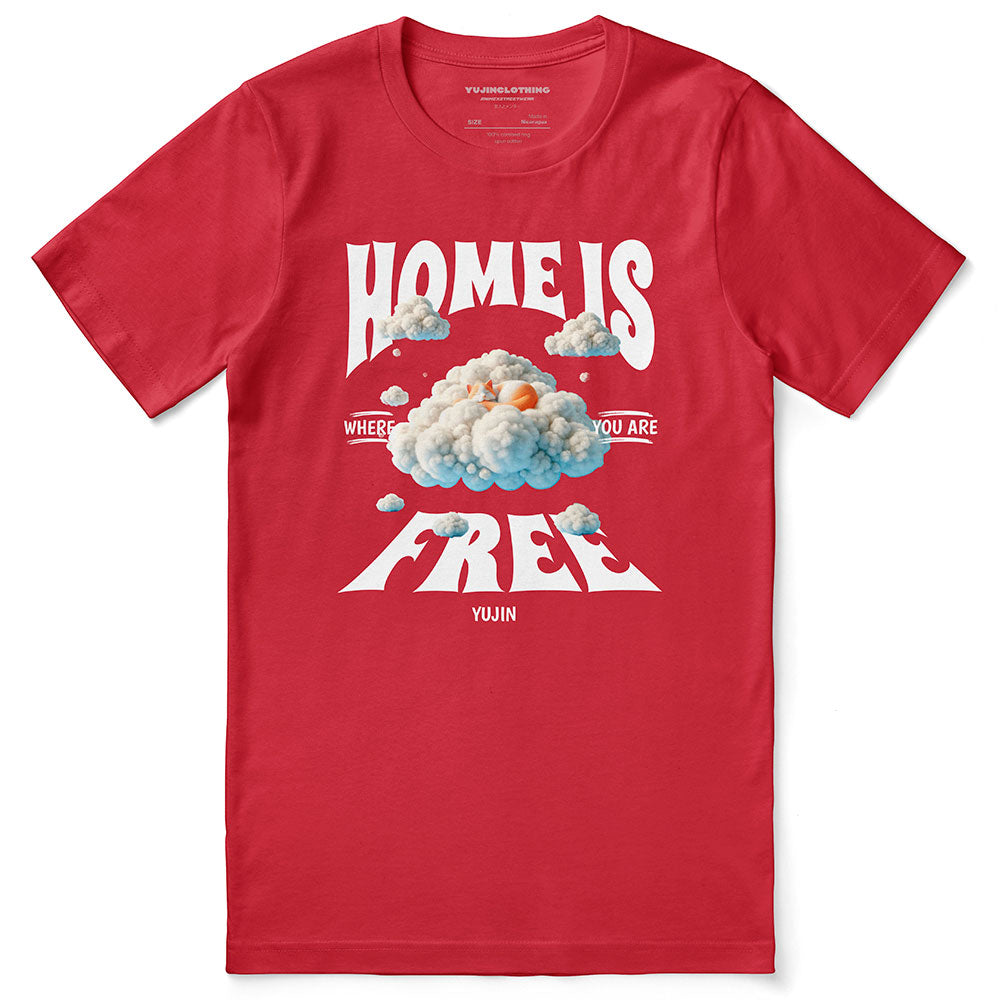 Yūjin Clothing home cat T-shirt featuring a cozy cat design on soft fabric, perfect for casual wear and feline lovers.