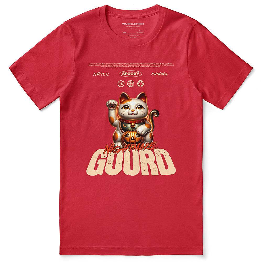 Yūjin Clothing Gourd Nightmare Cat T-Shirt featuring a spooky cat graphic on a black cotton tee.
