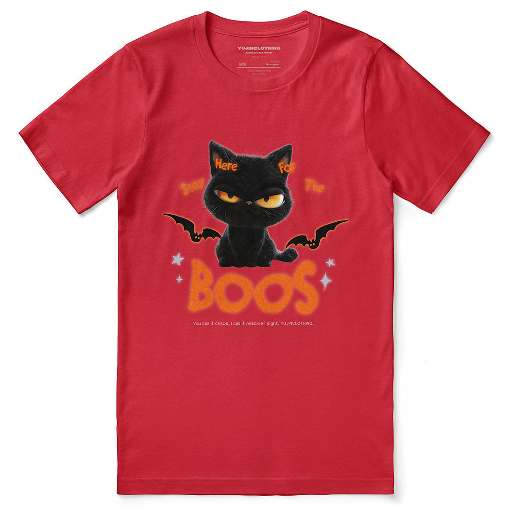 Yūjin Clothing Here For The Boos T-Shirt featuring a spooky ghost graphic on a black cotton tee.
