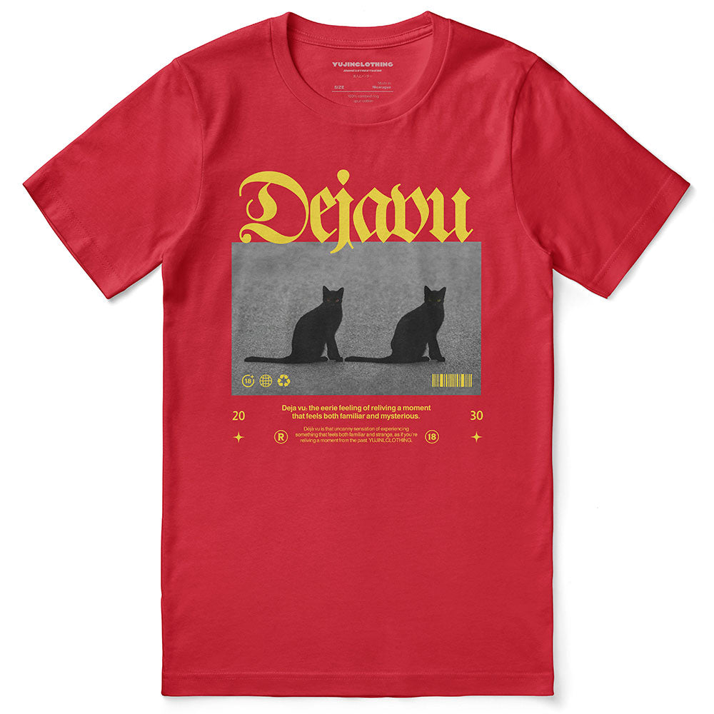 Dejavu Cat T-Shirt by Yūjin Clothing featuring a stylish cat graphic on a comfortable casual T-Shirt.