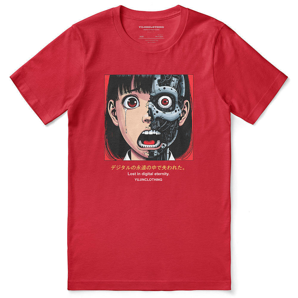 Cyborg Girl T-Shirt by Yūjin Clothing showing a futuristic robot-themed graphic on a casual black T-shirt