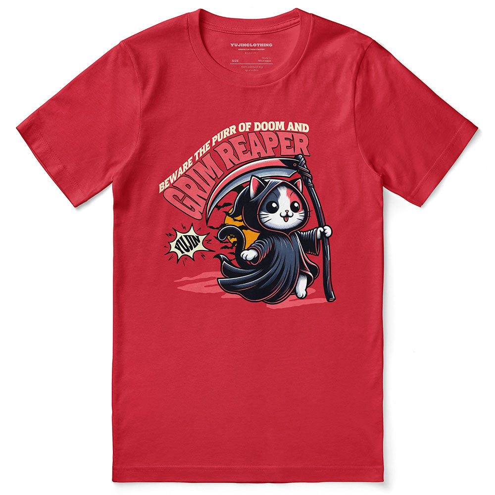 Black Grim Reaper cat T-shirt by Yūjin Clothing featuring a spooky cat illustration with a grim reaper theme.