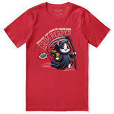 Black Grim Reaper cat T-shirt by Yūjin Clothing featuring a spooky cat illustration with a grim reaper theme.
