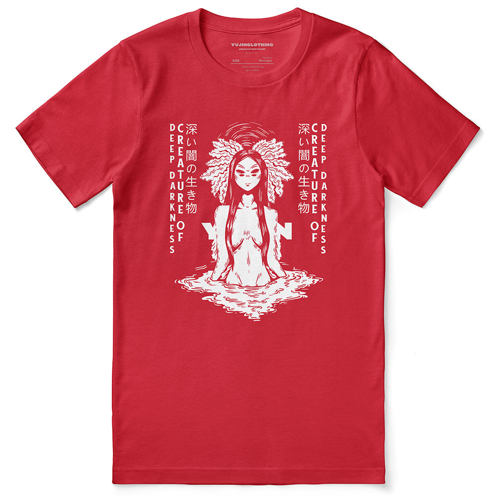 Black Deep Darkness T-Shirt by Yūjin Clothing featuring a minimalist dark-themed design and comfortable fit for casual wear.