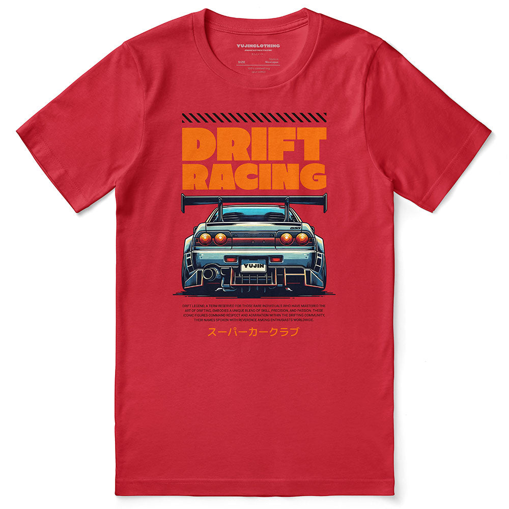 Yūjin Clothing Drift Racing Car T-Shirt featuring a dynamic racing car graphic on a casual cotton tee.