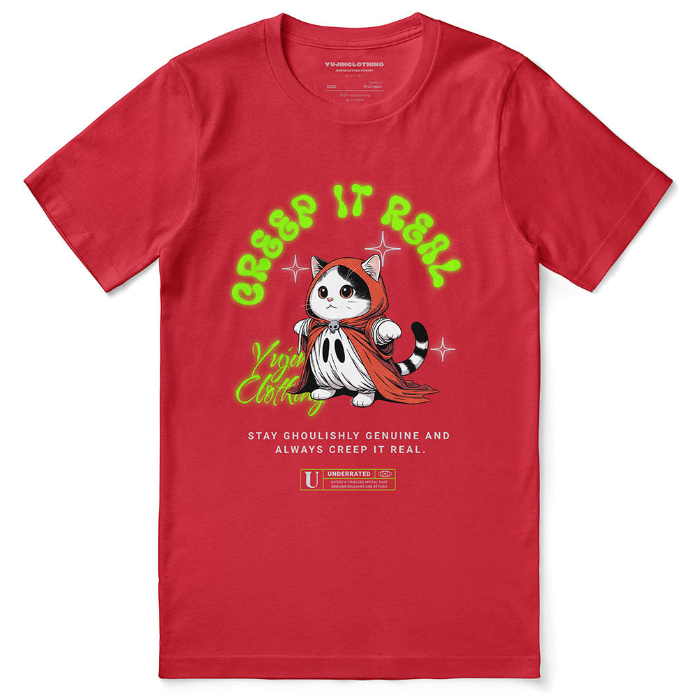 Yūjin Clothing Creep It Real cat T-shirt featuring a spooky cat design on black fabric, casual and comfortable for everyday wear.
