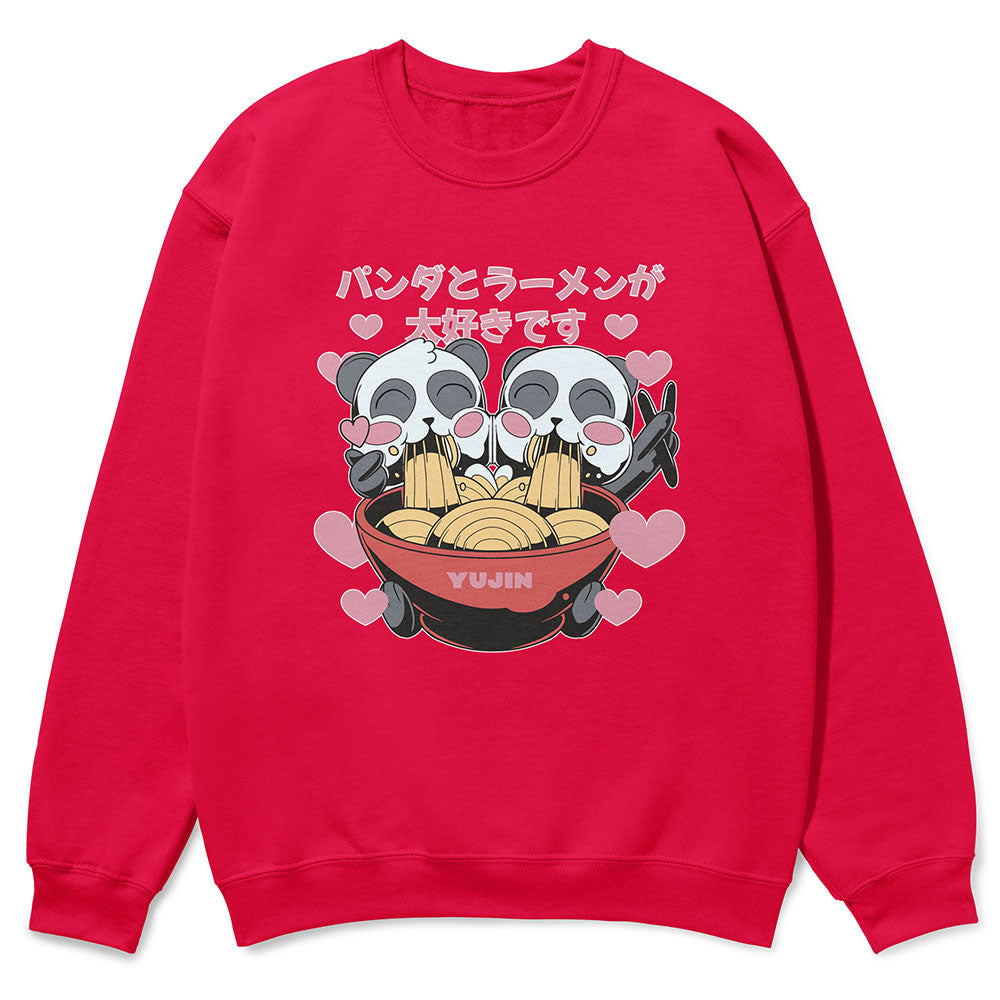 Yūjin Clothing cute ramen pandas sweatshirt featuring a cozy, fun design with panda and ramen bowl graphics on soft fabric.
