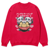 Yūjin Clothing cute ramen pandas sweatshirt featuring a cozy, fun design with panda and ramen bowl graphics on soft fabric.