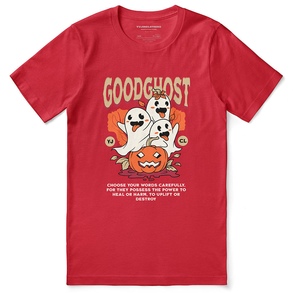 Yūjin Clothing Goodghost Halloween T-Shirt featuring a spooky ghost design on black cotton fabric.