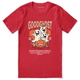 Yūjin Clothing Goodghost Halloween T-Shirt featuring a spooky ghost design on black cotton fabric.