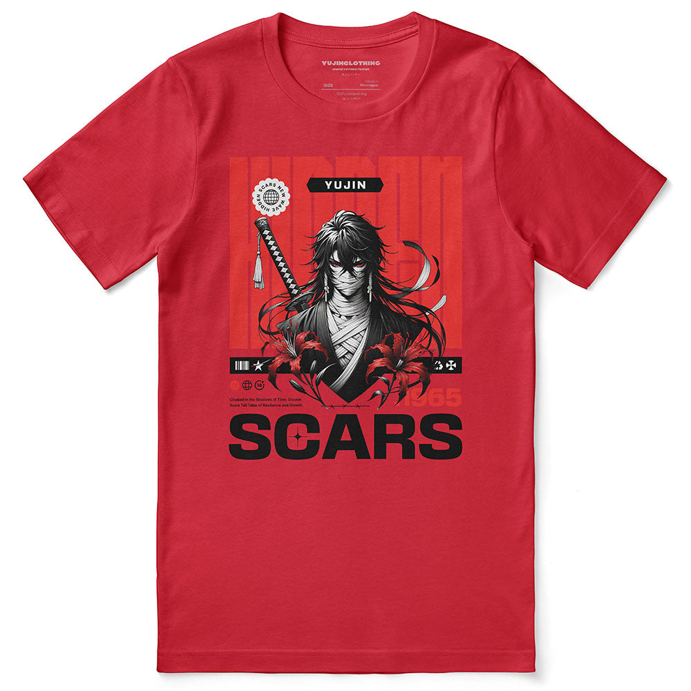 Yūjin Clothing Hidden Scars T-Shirt featuring a stylish design with a comfortable fit and graphic print on soft fabric.