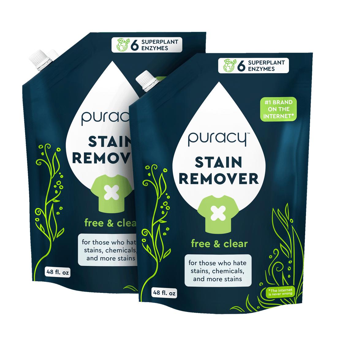 Puracy laundry stain remover refill bottle showing the cleaning solution inside, designed to remove stains from fabrics effectively.