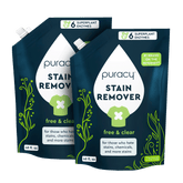 Puracy laundry stain remover refill bottle showing the cleaning solution inside, designed to remove stains from fabrics effectively.