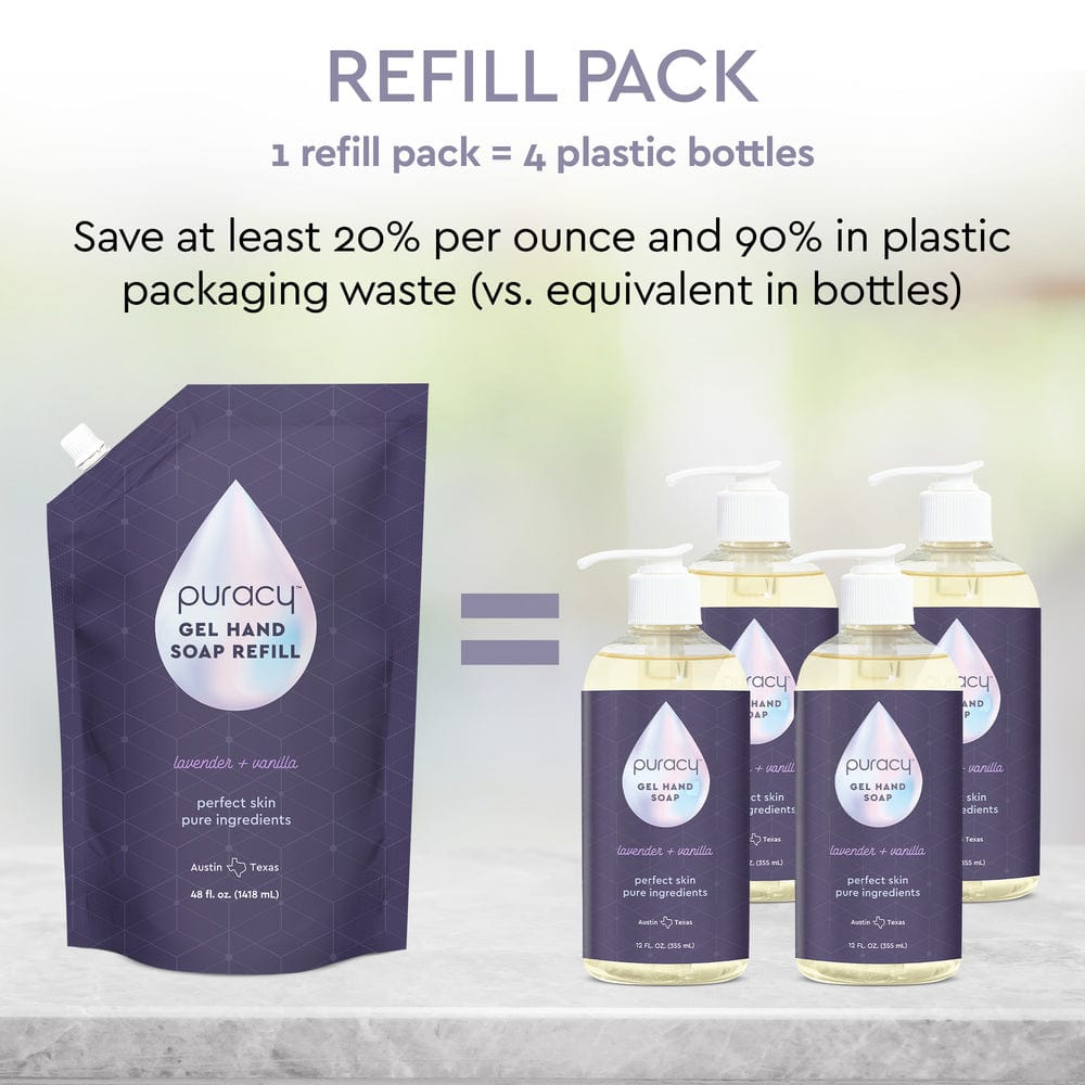Puracy gel hand soap refill pack with 10 bottles, natural and gentle hand cleansing solution in a convenient pack.