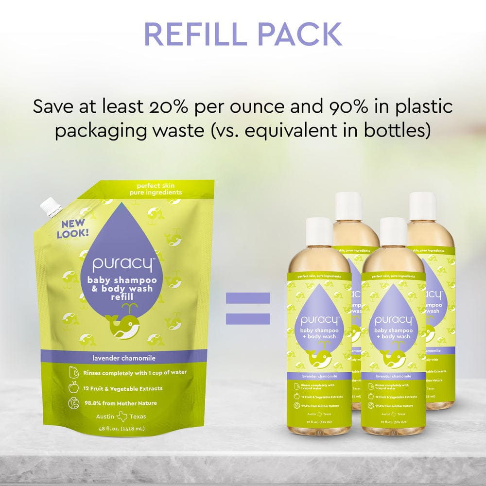 Puracy Baby Shampoo &amp; Body Wash refill pack, tear-free formula, 12-pack, gentle and natural for soothing baby skin and hair.