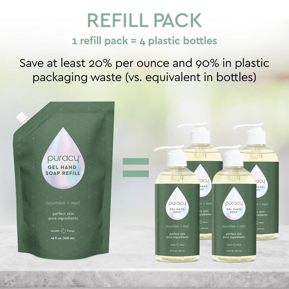 Puracy gel hand soap refill pack with two bottles, gentle and moisturizing hand soap for clean, refreshed hands.