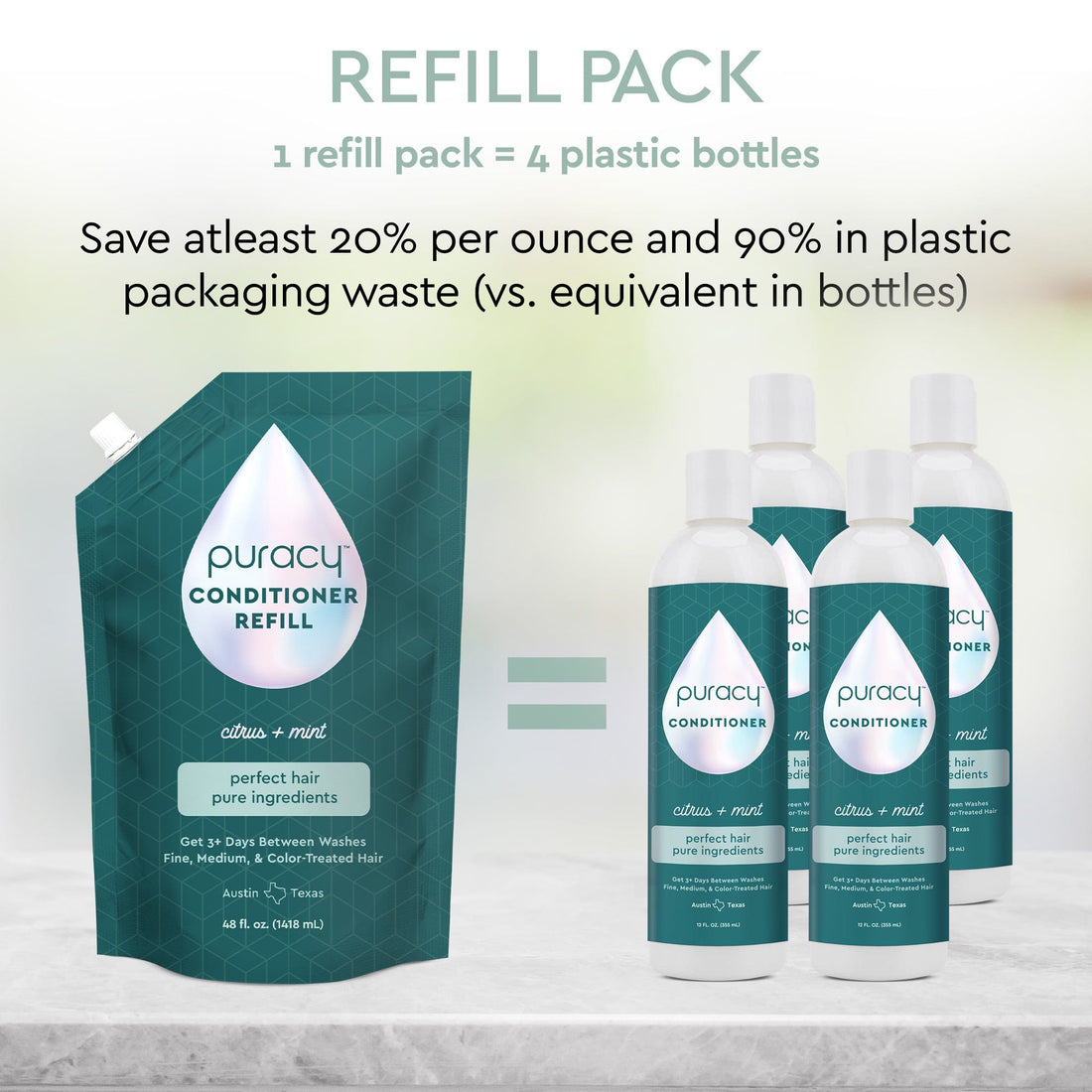 Puracy silicone-free conditioner refill pack with dimethicone and sulfate-free formula, perfect for nourishing hair.