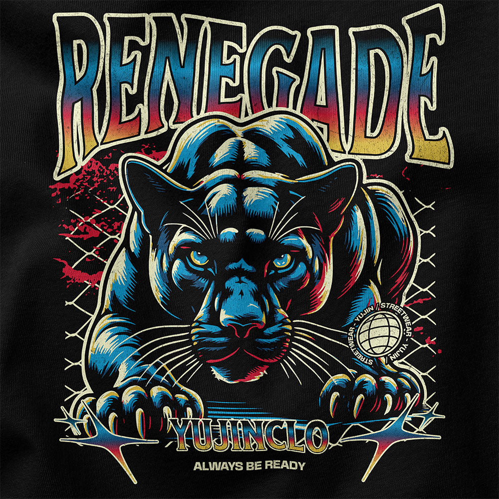 Yūjin Clothing Renegade cat T-Shirt featuring a stylish graphic of a fierce cat design on a comfortable cotton shirt.