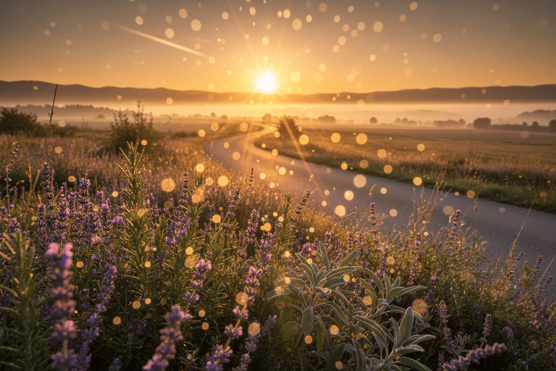 Cinematic image of a winding road at sunrise with wild herbs and sparkling light, representing success, good luck, and spiritual cleansing.