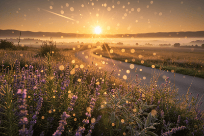 Cinematic image of a winding road at sunrise with wild herbs and sparkling light, representing success, good luck, and spiritual cleansing.