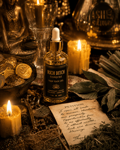 Rich Bitch Conjure Van Van Hoodoo Oil bottle with label, used for road opening, good luck, success, and spiritual cleansing.