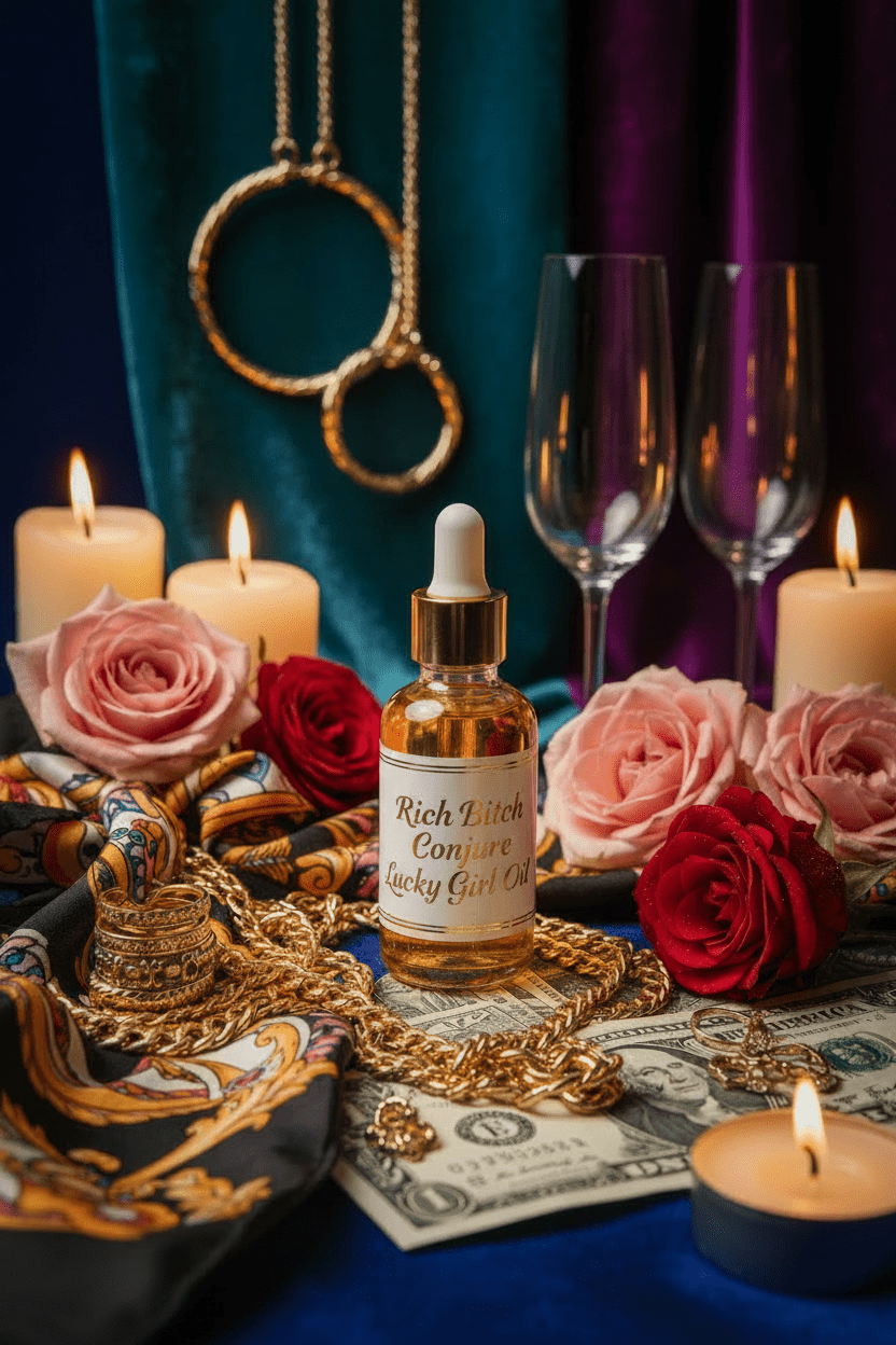 White and gold label of Rich Bitch Conjure Van Van Oil from Lucky Rich Girl Hoodoo Conjure Oil collection, featuring natural herbal ingredients.