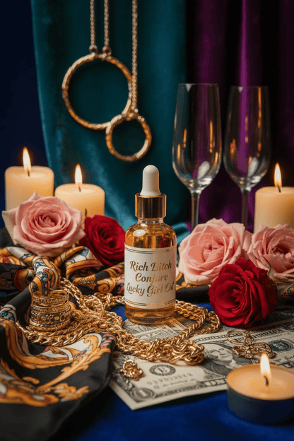 White and gold label of Rich Bitch Conjure Van Van Oil from Lucky Rich Girl Hoodoo Conjure Oil collection, featuring natural herbal ingredients.