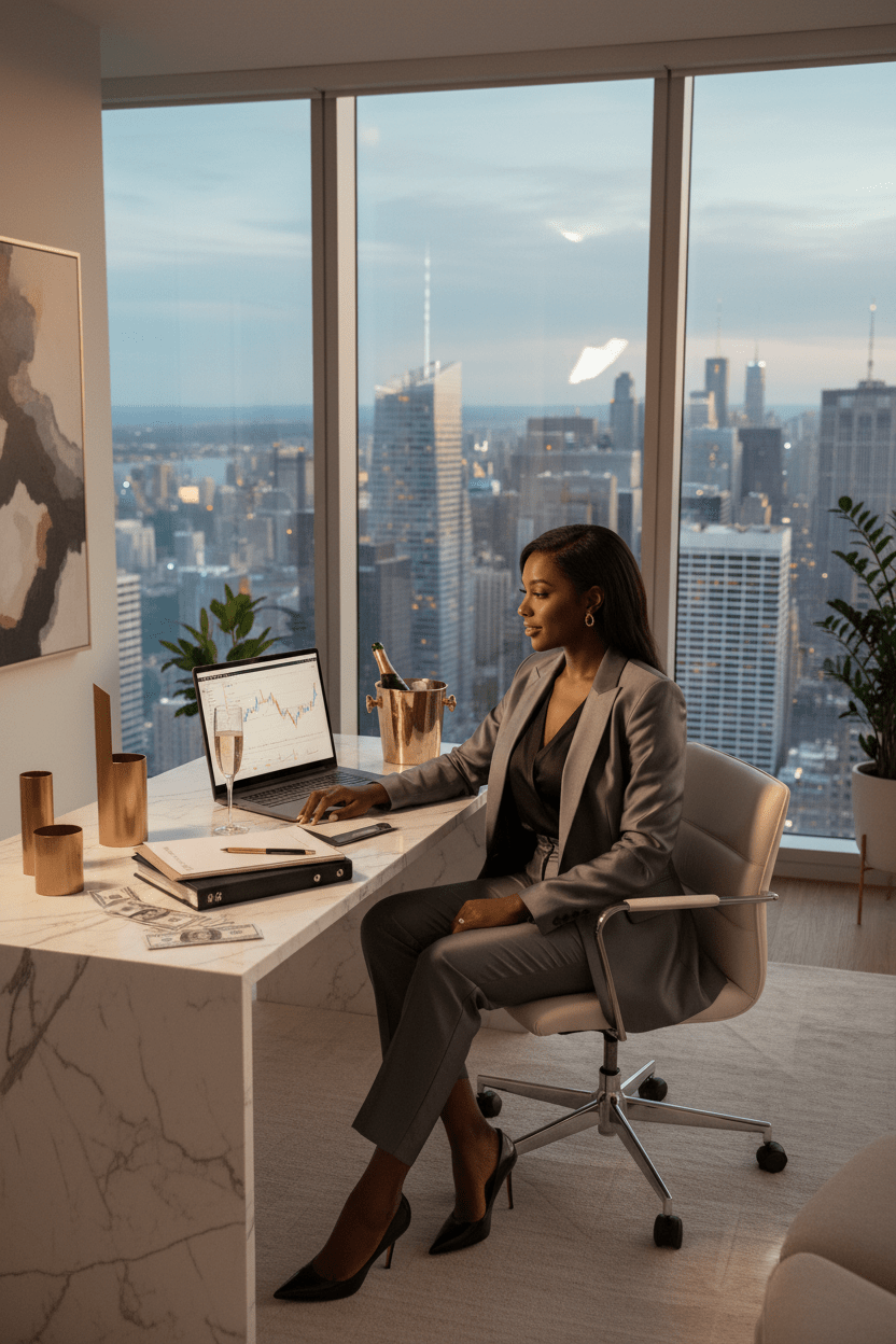 Luxury image of a successful Black woman in a penthouse office, symbolizing wealth, confidence, and opportunity with Rich Bitch Conjure Hoodoo Oil.