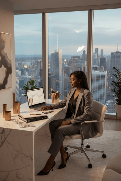 Luxury image of a successful Black woman in a penthouse office, symbolizing wealth, confidence, and opportunity with Rich Bitch Conjure Hoodoo Oil.
