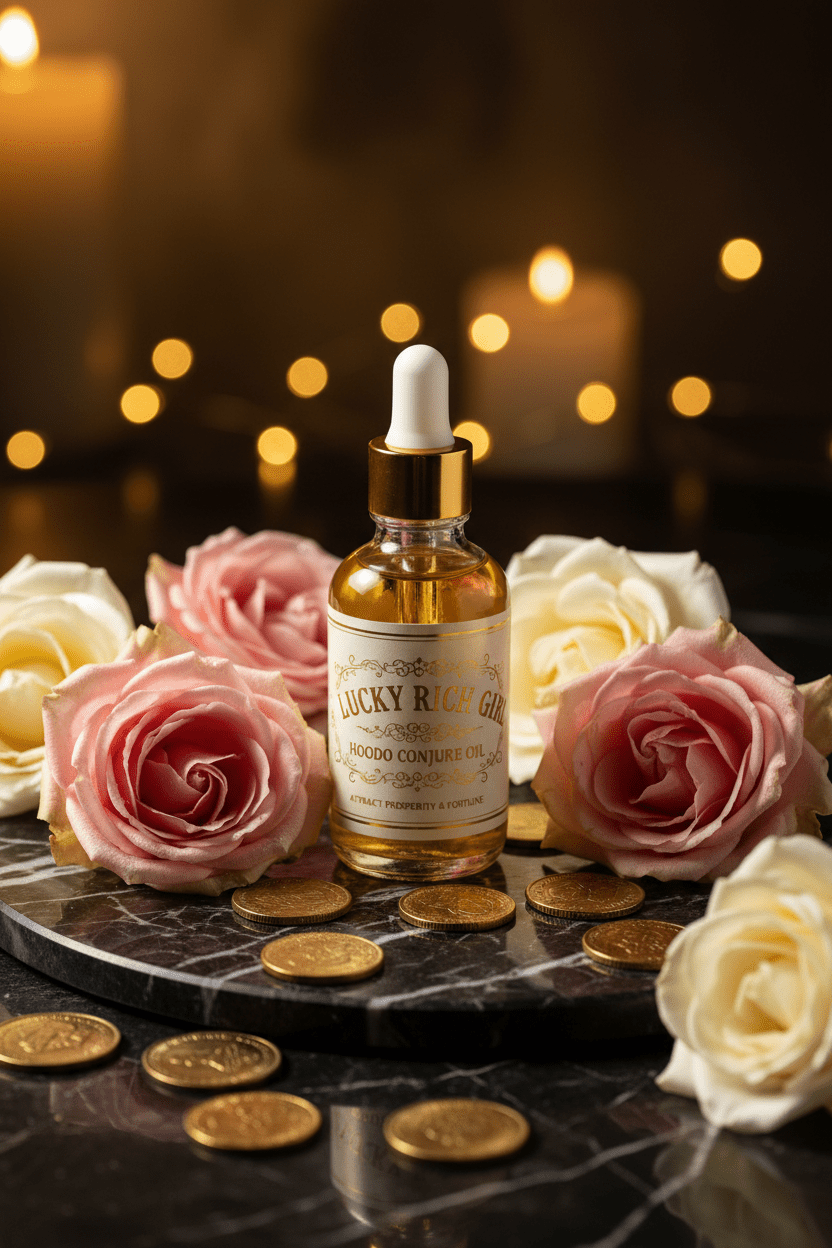 Rich Bitch Conjure Lucky Rich Girl Hoodoo Conjure Oil in a clear glass dropper bottle with gold accents on black marble background.