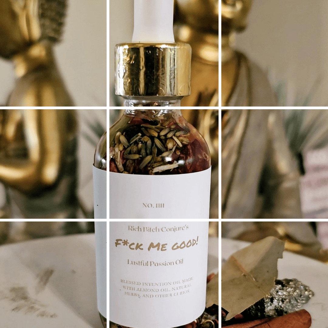 Beige elegant grid with "Coming Soon" text promoting Rich Bitch Conjure FMG Hoodoo Conjure Oil for lust, passion, and attraction rituals.