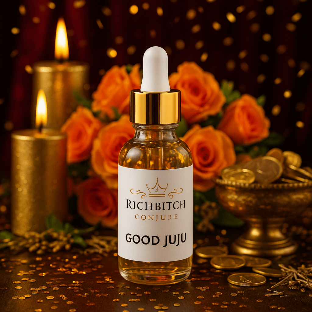 Rich Bitch Conjure Good Juju Conjure Oil bottle for abundance, blessings, and positive energy in a small glass container
