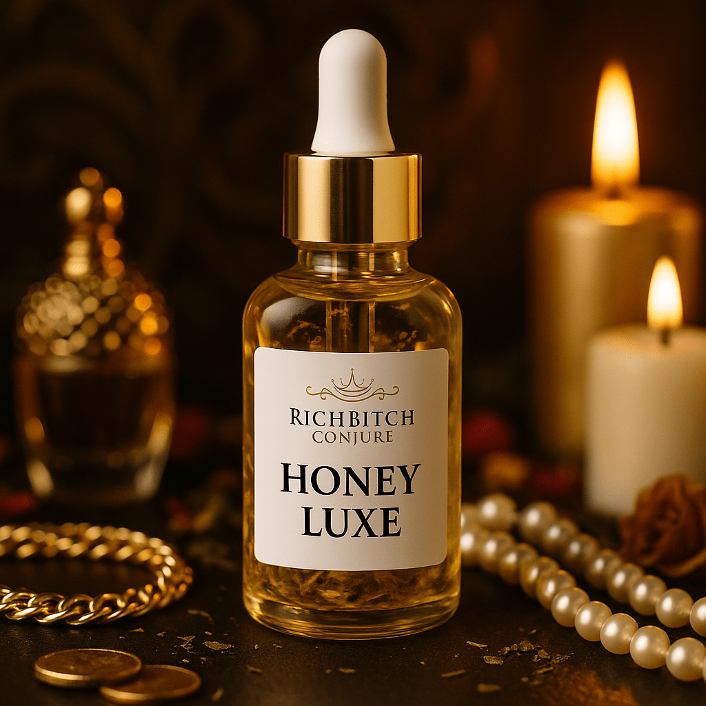 Rich Bitch Conjure Honey Luxe Conjure Oil for love and prosperity, featuring a luxurious hoodoo oil blend in a glass bottle.