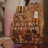 Rich Bitch Conjure Lucky Girl Sweetening Hoodoo Oil in a small glass bottle with a white label on a minimalist background.