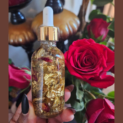 Rich Bitch Conjure Lucky Girl Sweetening Hoodoo Oil in a small glass bottle with a dropper, used for good luck and prosperity rituals.