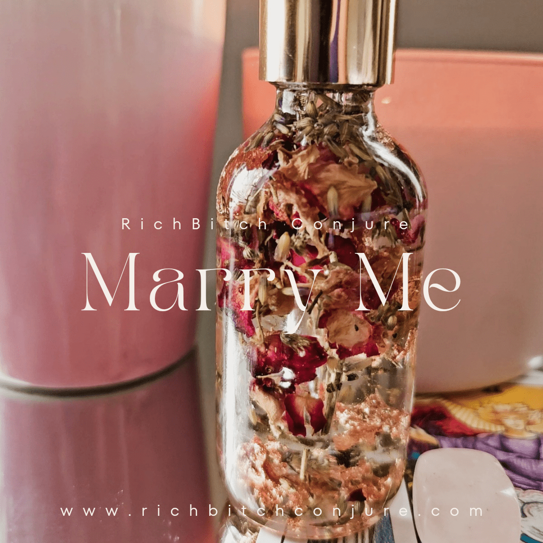 Rich Bitch Conjure Marry Me Hoodoo Oil in a sleek bottle, used for love and commitment rituals, part of spiritual and relationship rootwork.