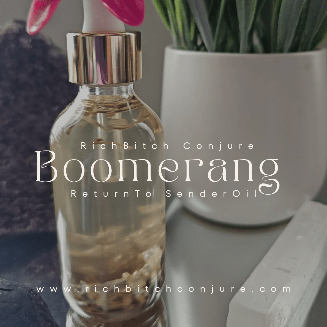 Rich Bitch Conjure Hoodoo Oil in a sleek bottle, designed for spiritual work, featured against a minimalist gray outfit background.