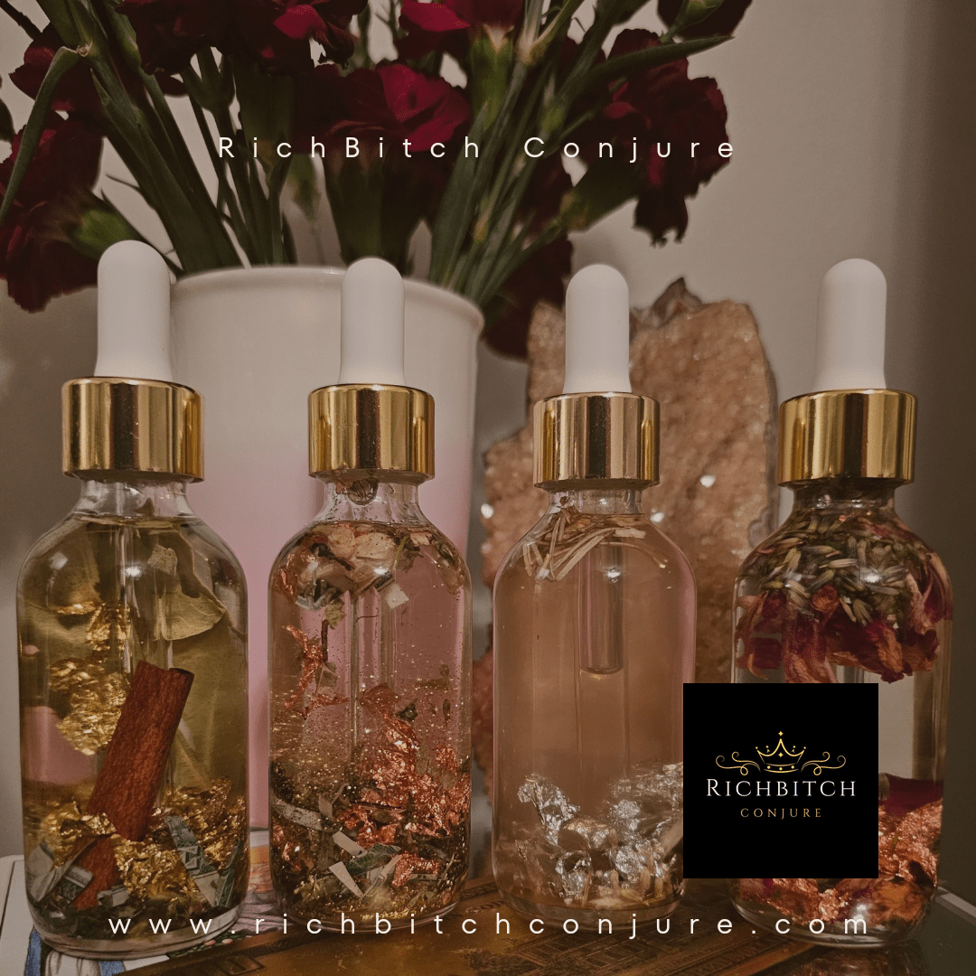 Rich Bitch Conjure Hoodoo Protection Oil in a small glass bottle with a black label and dropper, set against a neutral background.