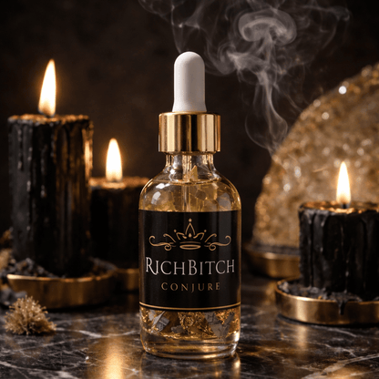 Rich Bitch Conjure Damian Hoodoo Oil for intense domination, featuring a dark glass bottle with ornate label and mystical symbols.