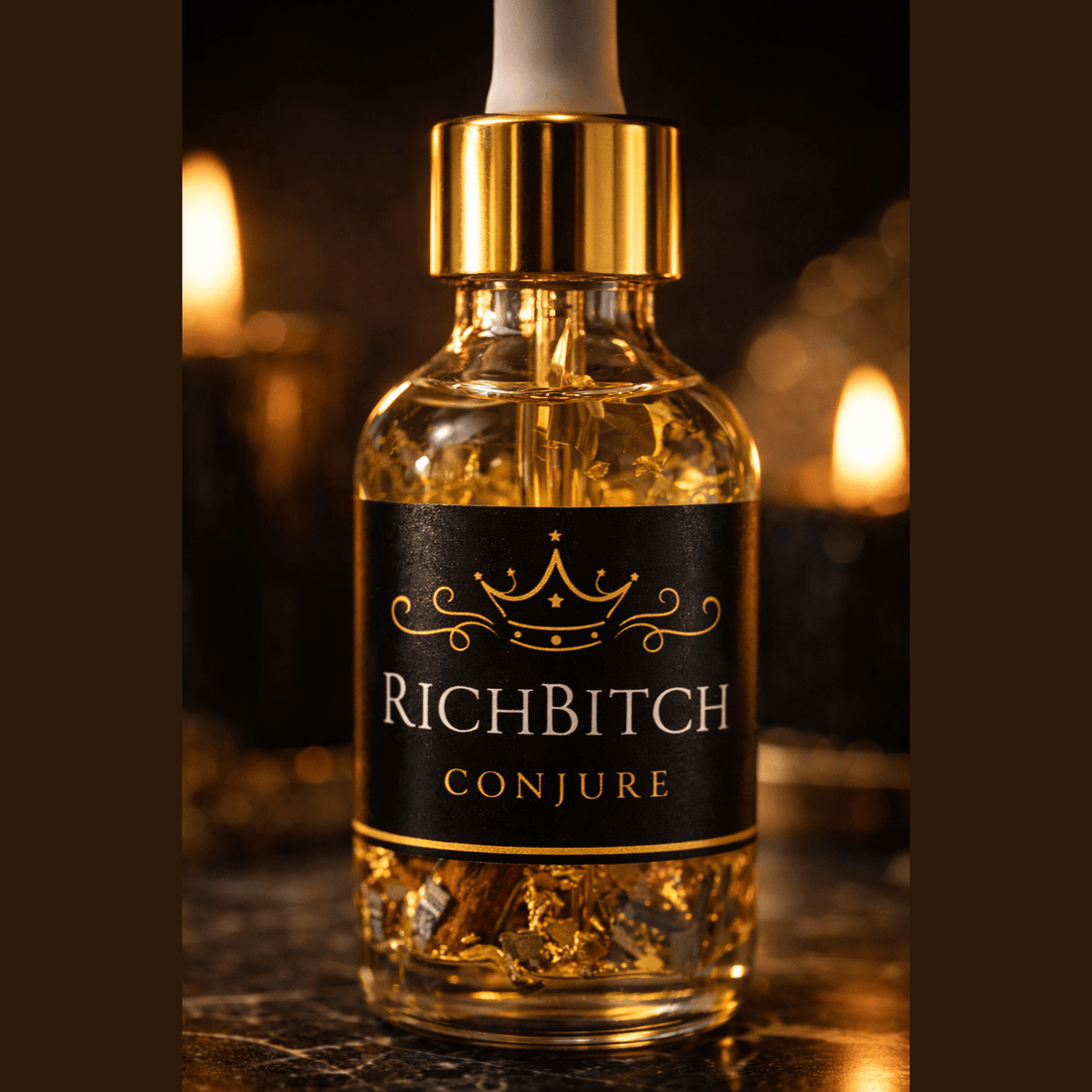 Rich Bitch Conjure Damian Oil Hoodoo oil for intense domination, featuring dark, mystical packaging and a dropper applicator.
