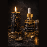 Rich Bitch Conjure Damian Oil for Hoodoo rituals, featuring an amber-colored bottle with a black cap, used for intense domination.